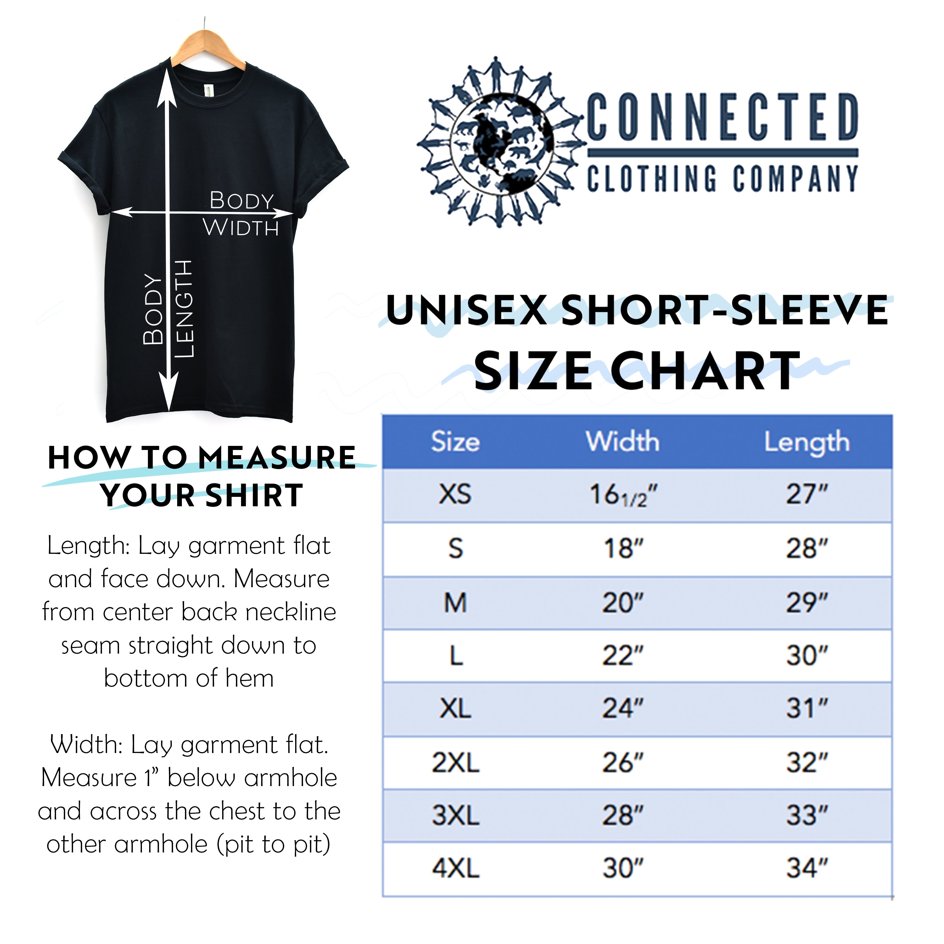 Unisex Short-Sleeve Tee Size Chart - iguanadelabarra - Ethically and Sustainably Made - 10% donated to Mission Blue ocean conservation
